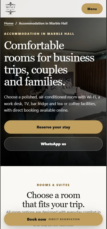Mobile screenshot of the Monet Guesthouse accommodation page